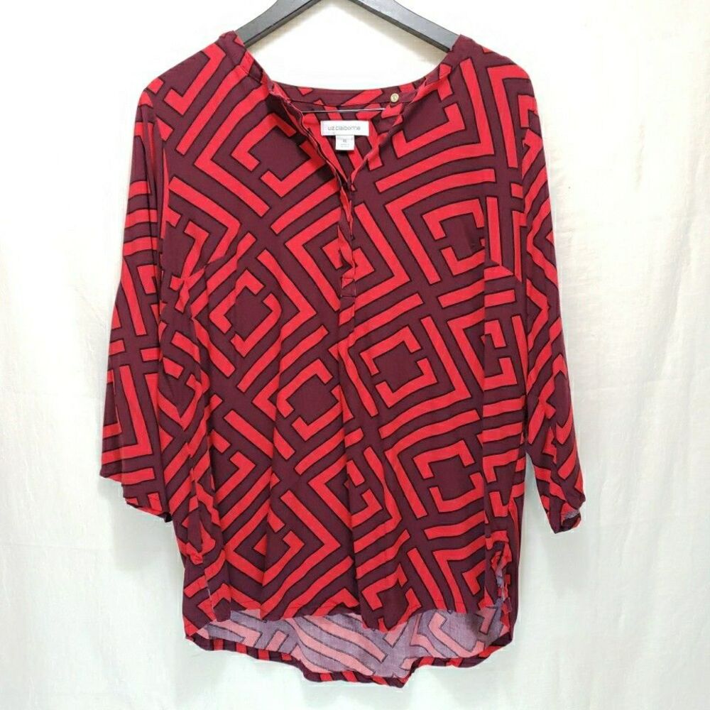 Liz Claiborne XL Red Burgundy Geometric Maze Print Tunic Blouse 3/4 Sleeve Rayon
